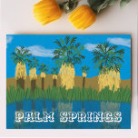 Postal Festiva Palm Springs Oasis Desert Coachella California<br><div class="desc">Echa un vistazo a este impresionante ilustracion de lápiz de color de un hermoso oasis de palmeras en el desierto y prepárate para explorar. ¡Mira también mi tienda para más diseños! Recolectar todos los parques, estoy creando otros nuevos todo el tiempo. ¡Chequea mi tienda para más caminatas, acampar, vanlife, pájaros...</div>