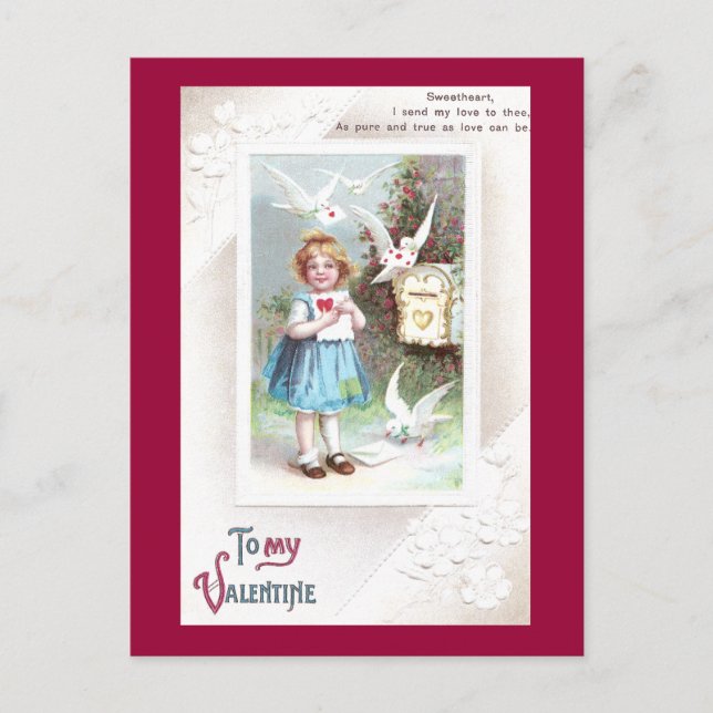 Postal Festiva Palomas, buzón y Chica Vintage Valentine (Anverso)