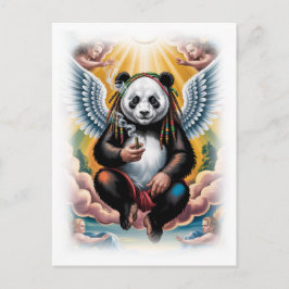 Postal Festiva Panda jamaicano rodeado de ángeles sobre un fondo