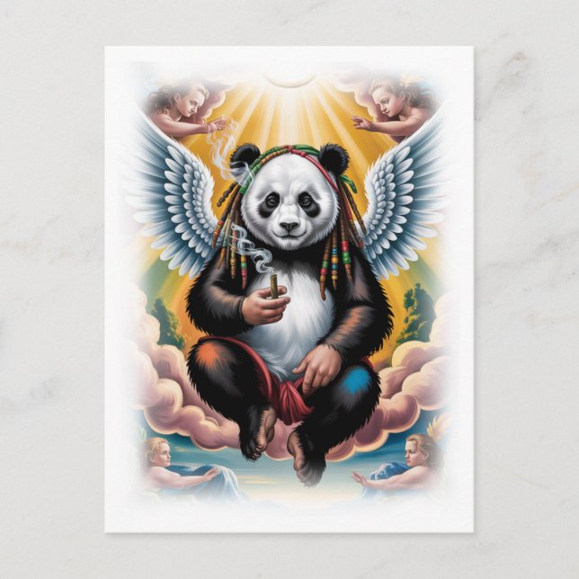 Postal Festiva Panda jamaicano rodeado de ángeles sobre un fondo  (Anverso)