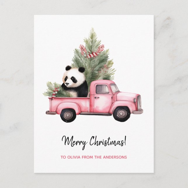 Postal Festiva Panda lindo en Navidades de camiones de cosecha ro (Anverso)