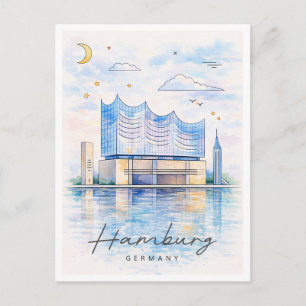 Postal Festiva Panorama de Hamburgo en Acuarela Viajes a Aleman