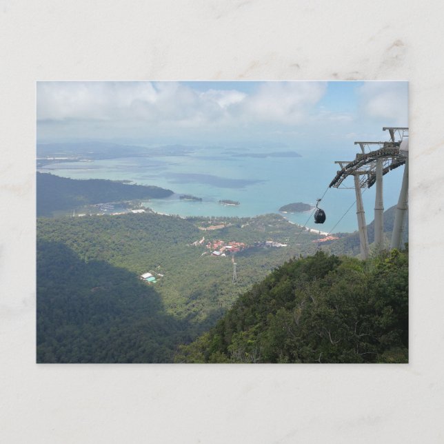 Postal Festiva Panorama de Isla Tropical con Teleférico (Anverso)