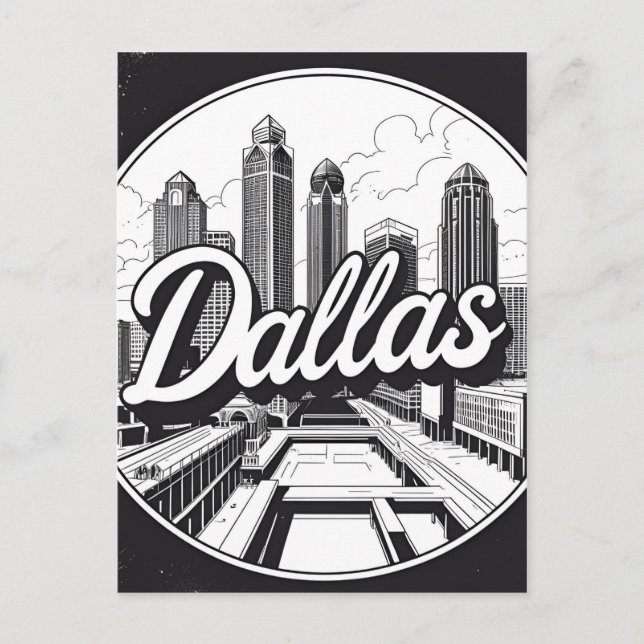 Postal Festiva Panorama de la ciudad blanca y negra de Dallas (Anverso)