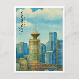 Postal Festiva Panorama de Vancouver Canadá Acuarela Vintage