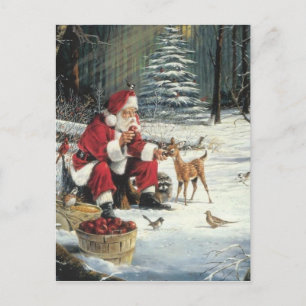 Postal Festiva Papá Noel Alimentando A Los Animales