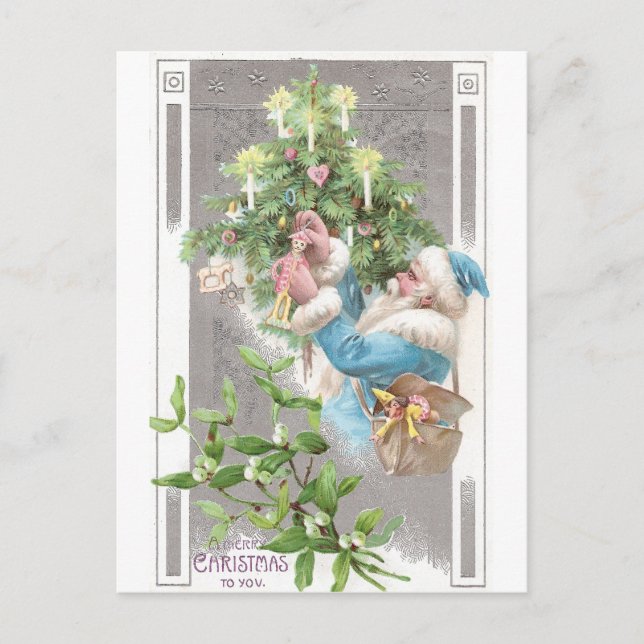Postal Festiva Papá Noel antiguo en Abrigo Azul con árbol de navi (Anverso)