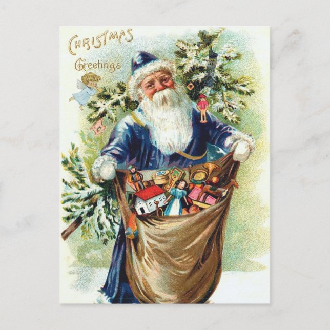 Postal Festiva Papá Noel con árbol y juguetes navideños (Anverso)