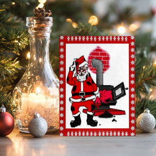Postal Festiva Papá Noel de la época y una quemadora de carbón