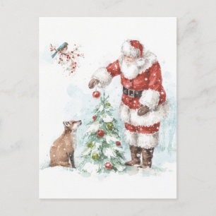 Postal Festiva Papá Noel decorando un árbol con sus amigos del bo