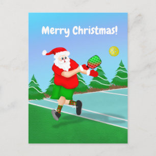 Postal Festiva Papá Noel Divertido Jugando Pickleball Feliz Navid