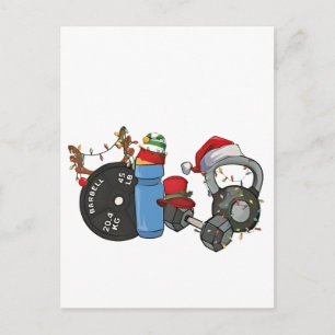Postal Festiva Papá Noel divertido levantando pesas Mancuernas Gi