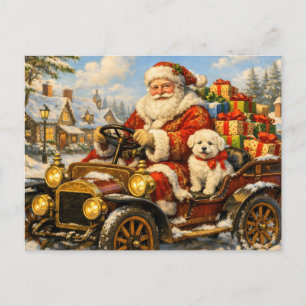 Postal Festiva Papá Noel en coche antiguo repartiendo regalos 