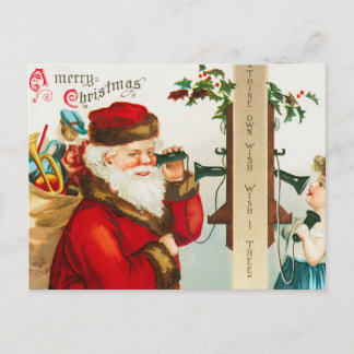 Postal Festiva Papá Noel en los teléfonos de cuerdas escuchando a