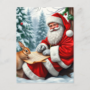 Postal Festiva Papá Noel escribiendo una carta en un bosque nevad
