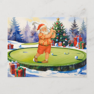 Postal Festiva Papá Noel está jugando golf en el green