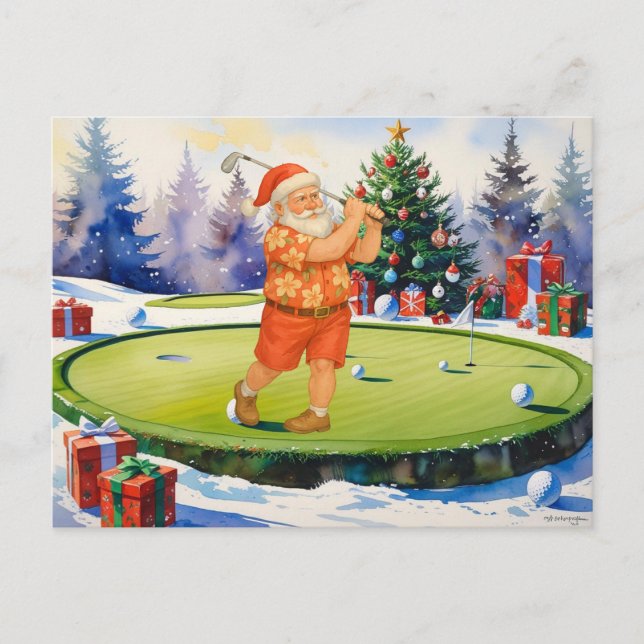 Postal Festiva Papá Noel está jugando golf en el green (Anverso)