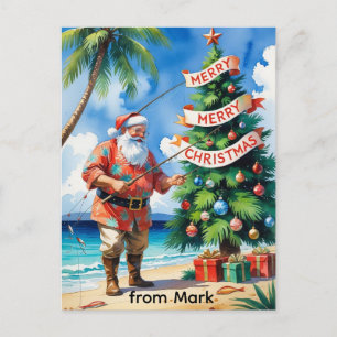 Postal Festiva Papá Noel está pescando en las vacaciones de Navid