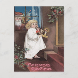 Postal Festiva Papá Noel Juguetes Niña Pequeña Bonita Acebo