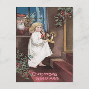Postal Festiva Papá Noel Juguetes Niña Pequeña Bonita Acebo
