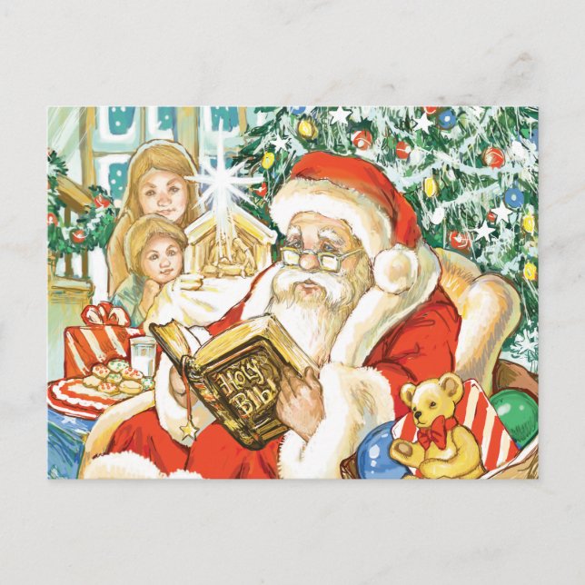 Postal Festiva Papá Noel leyendo la Biblia en la víspera de los N (Anverso)