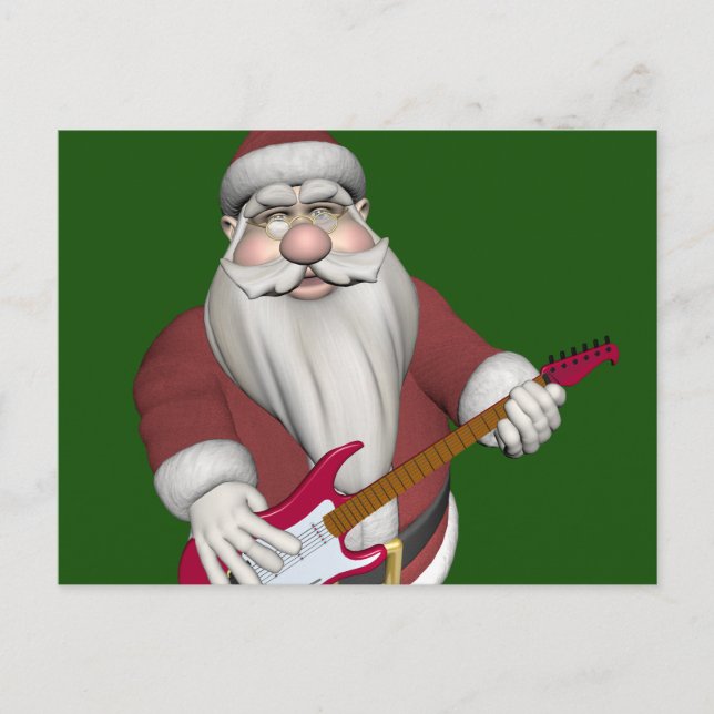 Postal Festiva Papá Noel Musical Con Guitarra Eléctrica Roja (Anverso)