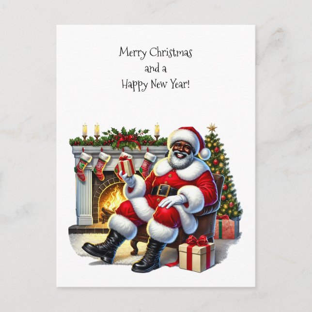 Postal Festiva Papá Noel negro con chimenea, medias, árbol (Anverso)