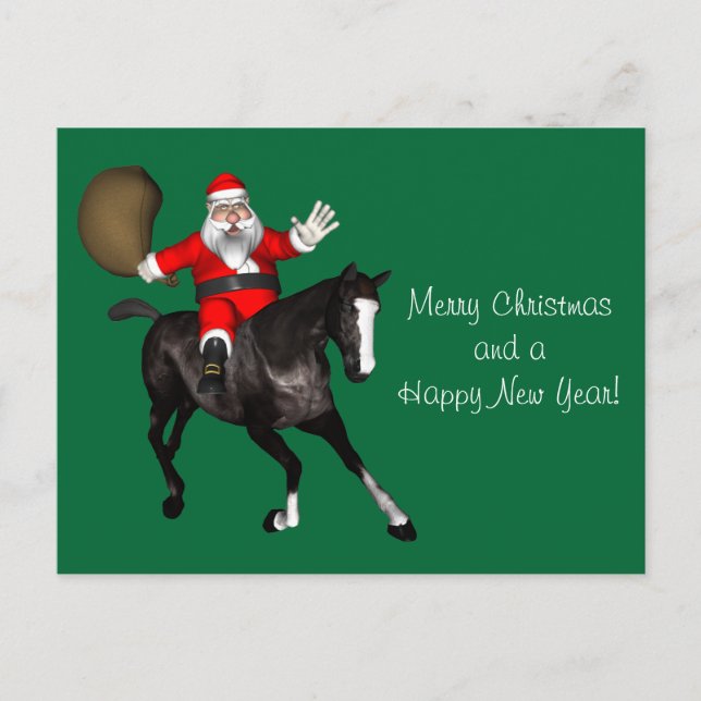 Postal Festiva Papá Noel que monta un caballo negro (Anverso)