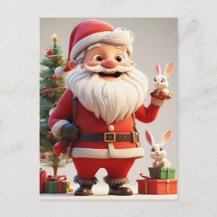 Postal Festiva Papá Noel sosteniendo regalo con conejos