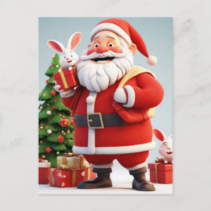 Postal Festiva Papá Noel sosteniendo regalo con conejos