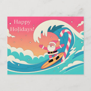 Postal Festiva Papá Noel surfando en una ola de caramelo