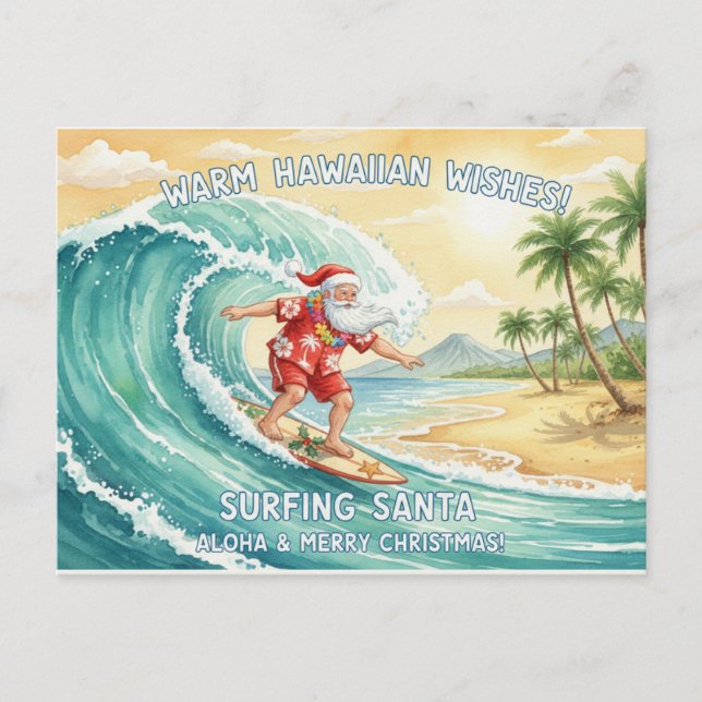 Postal Festiva Papá Noel surfista en una gran ola en las vacacion (Anverso)
