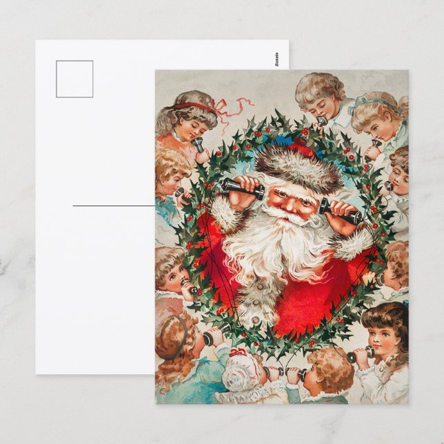 Postal Festiva Papá Noel victoriano por teléfono con niños (Anverso / Reverso)