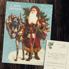 Postal Festiva Papá Noel vintage con juguetes de árbol de burro
