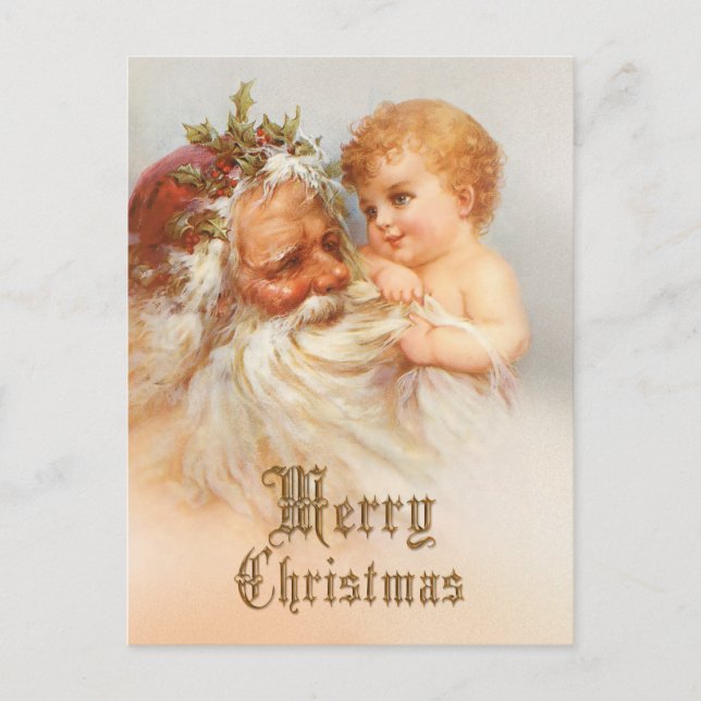 Postal Festiva Papá Noel Vintage con niño sonriente (Anverso)
