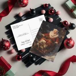 Postal Festiva Papá Noel vintage en la nieve y el oso blanco lind