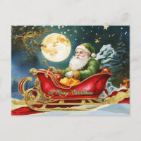 Papá Noel Vintage en Sleigh, luna llena, estrellas