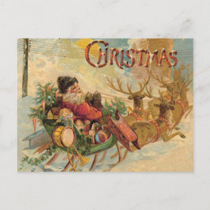Postal Festiva Papá Noel vintage en su trineo reno