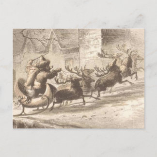 Postal Festiva Papá Noel vintage y el Ilustracion de renos