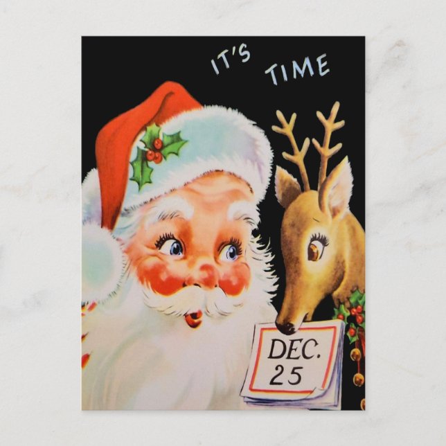 Postal Festiva Papá Noel Vintage y sus renos (Anverso)