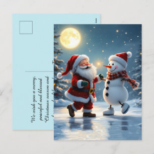 Postal Festiva Papá Noel y muñeco de nieve lindos bailando sobre