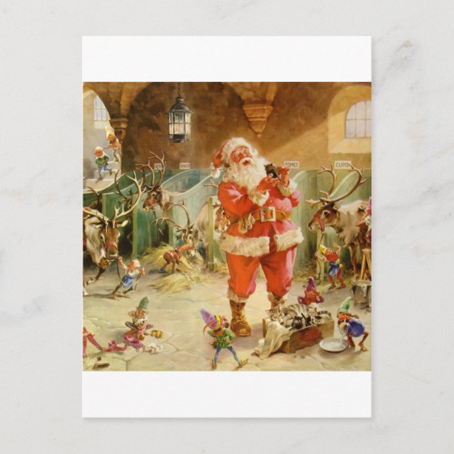 Postal Festiva Papá Noel y sus duendes en el establo del reno (Anverso)