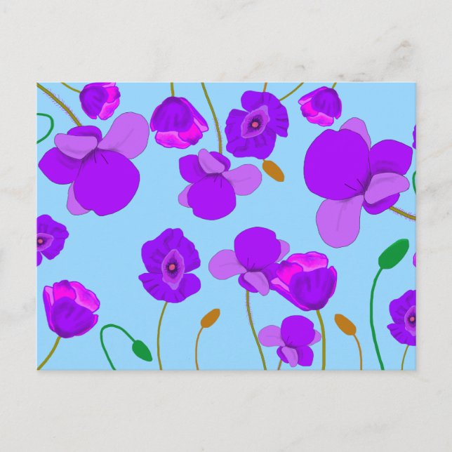 Postal Festiva Papaver Poppy Lilac sobre fondo pálido-azul (Anverso)