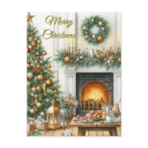 Papel navideño en árbol y chimenea