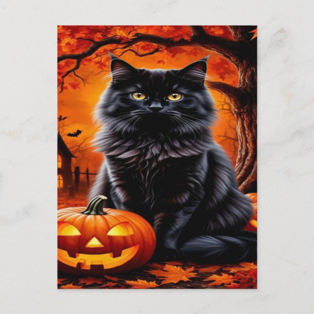 Postal Festiva Papel tapiz de Halloween de Gato Negro espeluznant (Anverso)