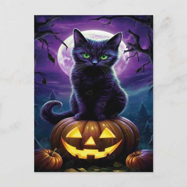 Postal Festiva Papel tapiz de Halloween de Gato Negro espeluznant (Anverso)