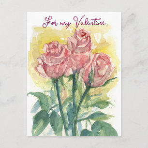 Postal Festiva Para mi esposa de San Valentín rosas rosadas acuar