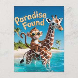 Postal Festiva Paraíso Encontrado, Mono Montado en una Jirafa en