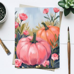 Postal Festiva Parche de calabaza rosa floral acuarela otoño