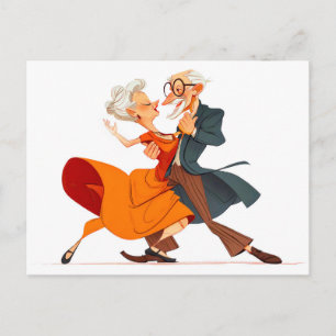 Postal Festiva Pareja anciana bailando con gracia con atuendo vib